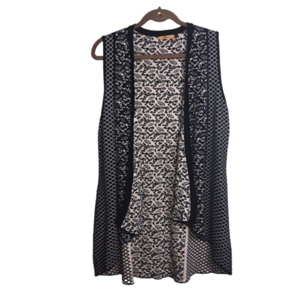 Belldini Knit Vest Cream Black Pattern Longline XL Fits Like M/L Open Cascading